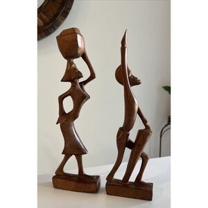Hand Carved Wood Haitian/African Man Drumming & Woman Carrying Jug 12" 2pc Set